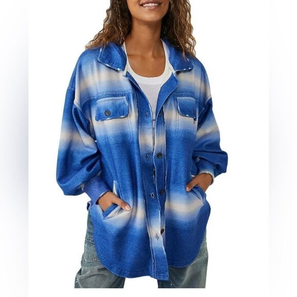 Free People Printed Ruby Shirt Jacket Women's Sz Large NWT  Deep Sea Blue Combo - Picture 1 of 4